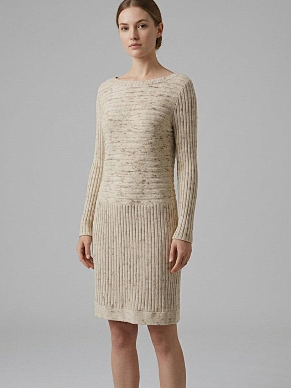 Anthropologie Moth Sweater Dress Cream Speckled Ribbed Knit Marled Tunic Sz L